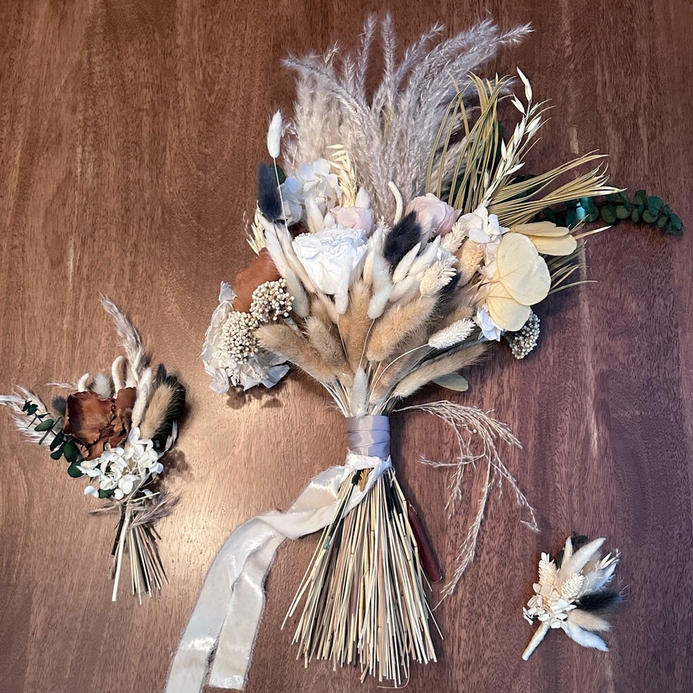 Dried Flower Wedding Bouquet With Small Bouquet And Boutonniere